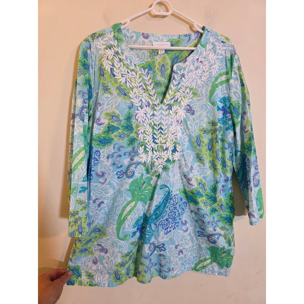 Charter Club Womens Blue Green Paisley Embroidered V-Neck Tunic Top Size XL